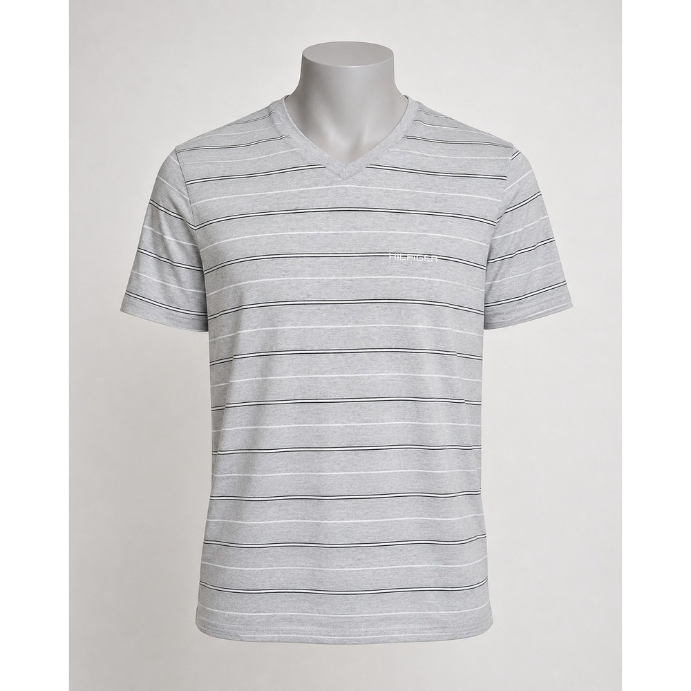 Tommy Hilfiger Mens V-Neck Striped T-Shirt Grey Blue White Cotton Pique Large